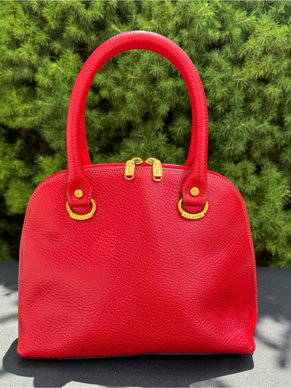 A. Testoni Vintage Red Leather Dome Satchel Handbag